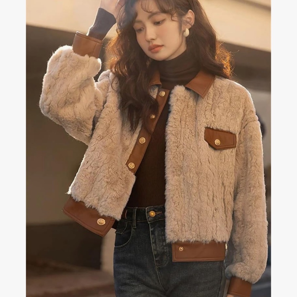 Stylish Beige lamb hair Fur Jacket with Brown Accents